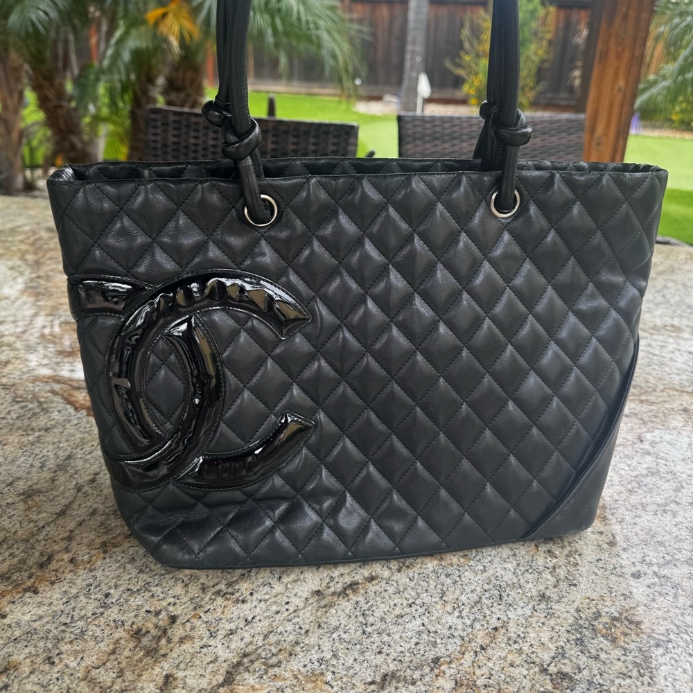 Chanel Cambon Tote Black Quilted Lambskin Patent CC Shoulder Bag Large